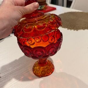 L.E. Smith Amberina Moon & Stars compote or candy dish with lid- rare